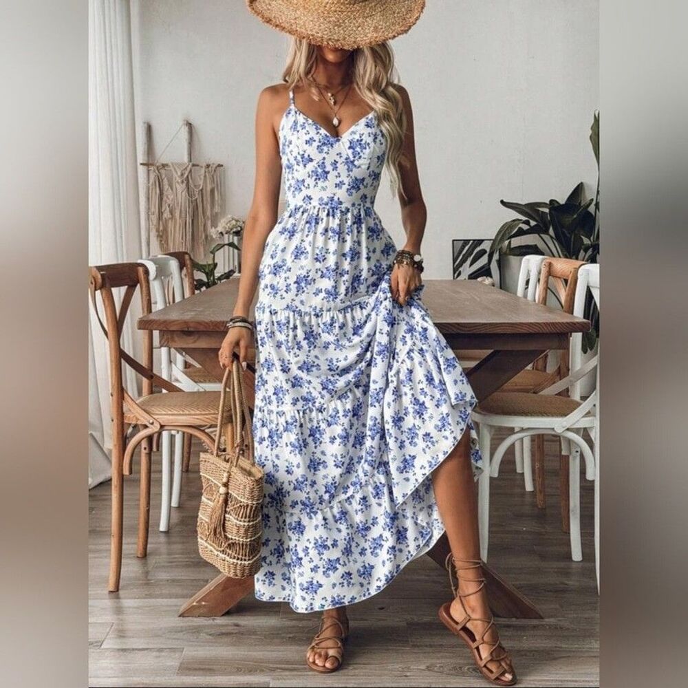 Blue Floral Spaghetti-Strap Maxi Dress, Open Back, Medium Size - Picture 8 of 10